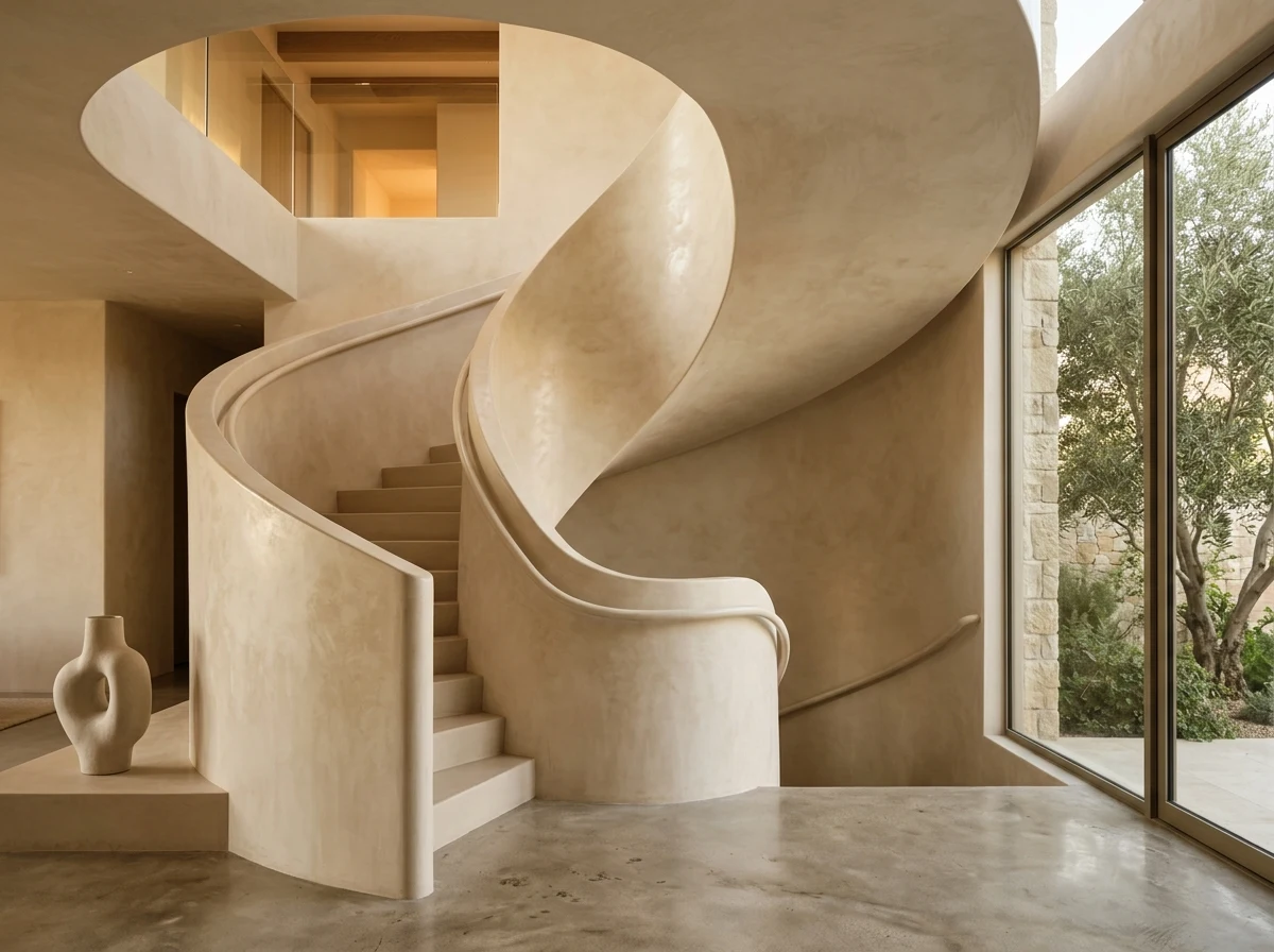 Hand-troweled Venetian plaster finish on architectural curves
